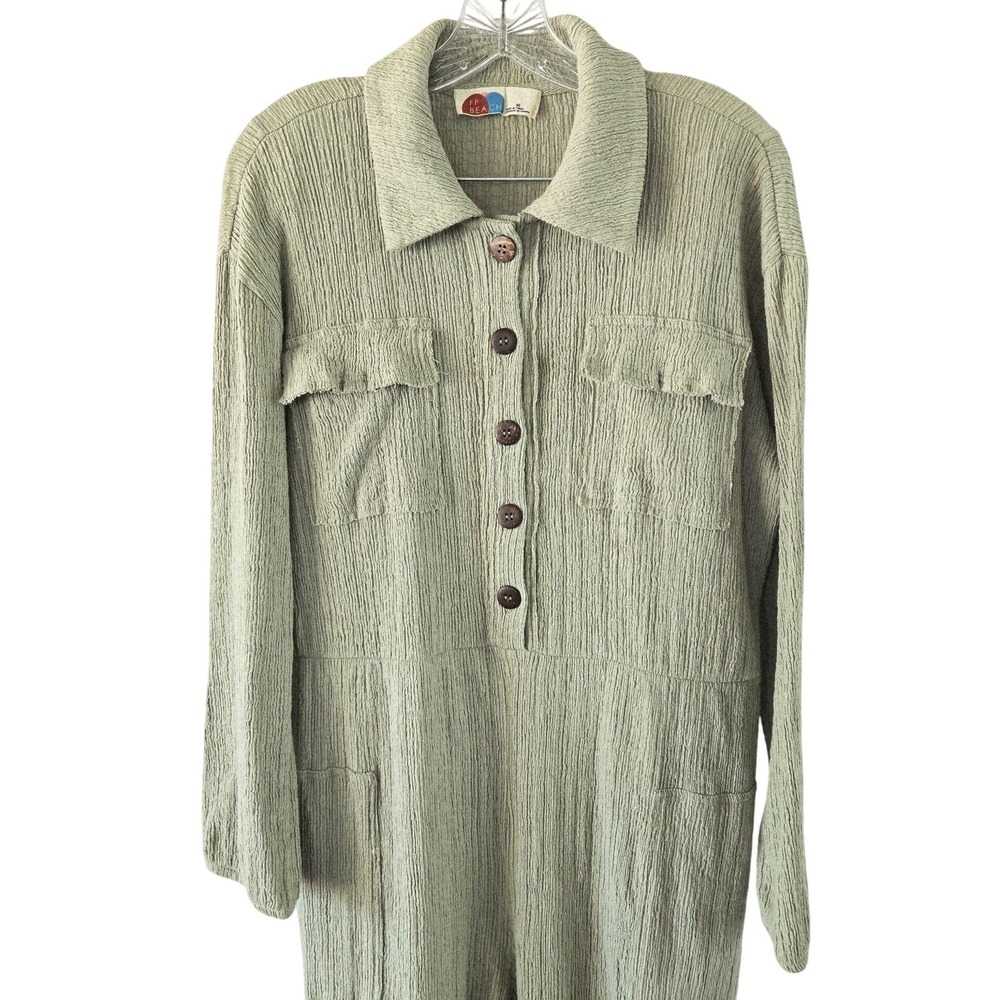 FP BEACH Jumpsuit Womens XS Green Long Sleeve Collared Button Pockets Knit